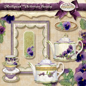 Antiqued Victorian Pansies, digital clip art tea pots, tea cups