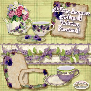 Antiqued Victorian Pansies 2 Digital Clip Art Kit, pansy tea set